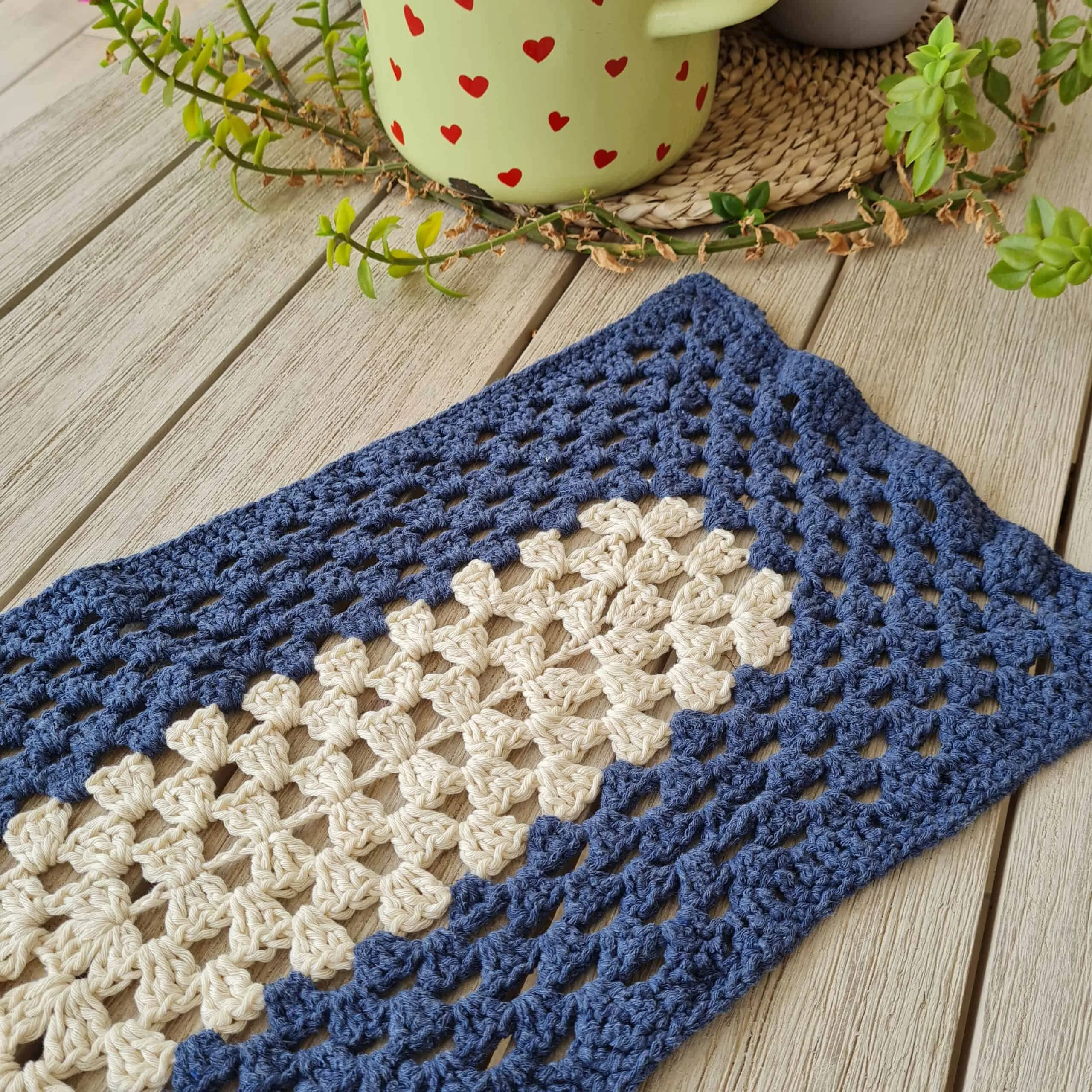 Coastal granny rectangle crochet table centerpiece in white and blue cotton