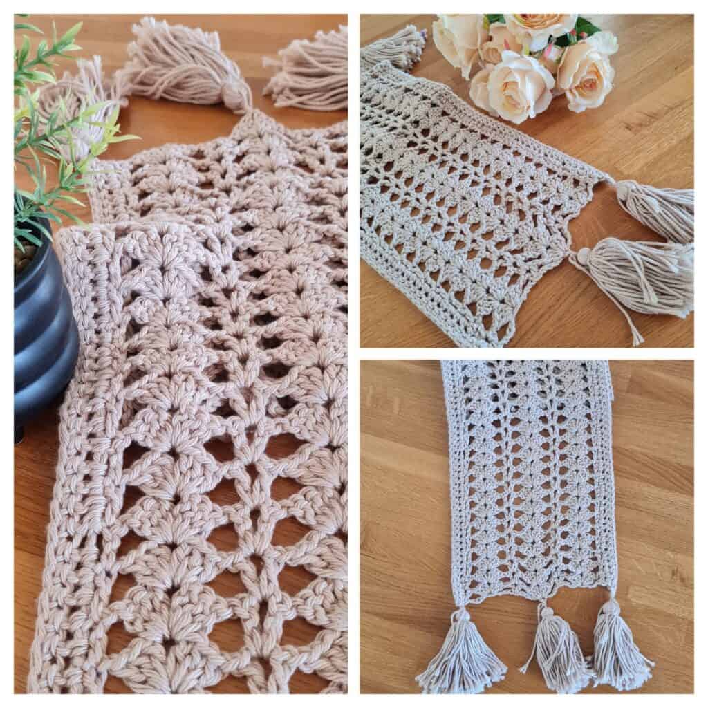 a collage of the boho crochet table runner