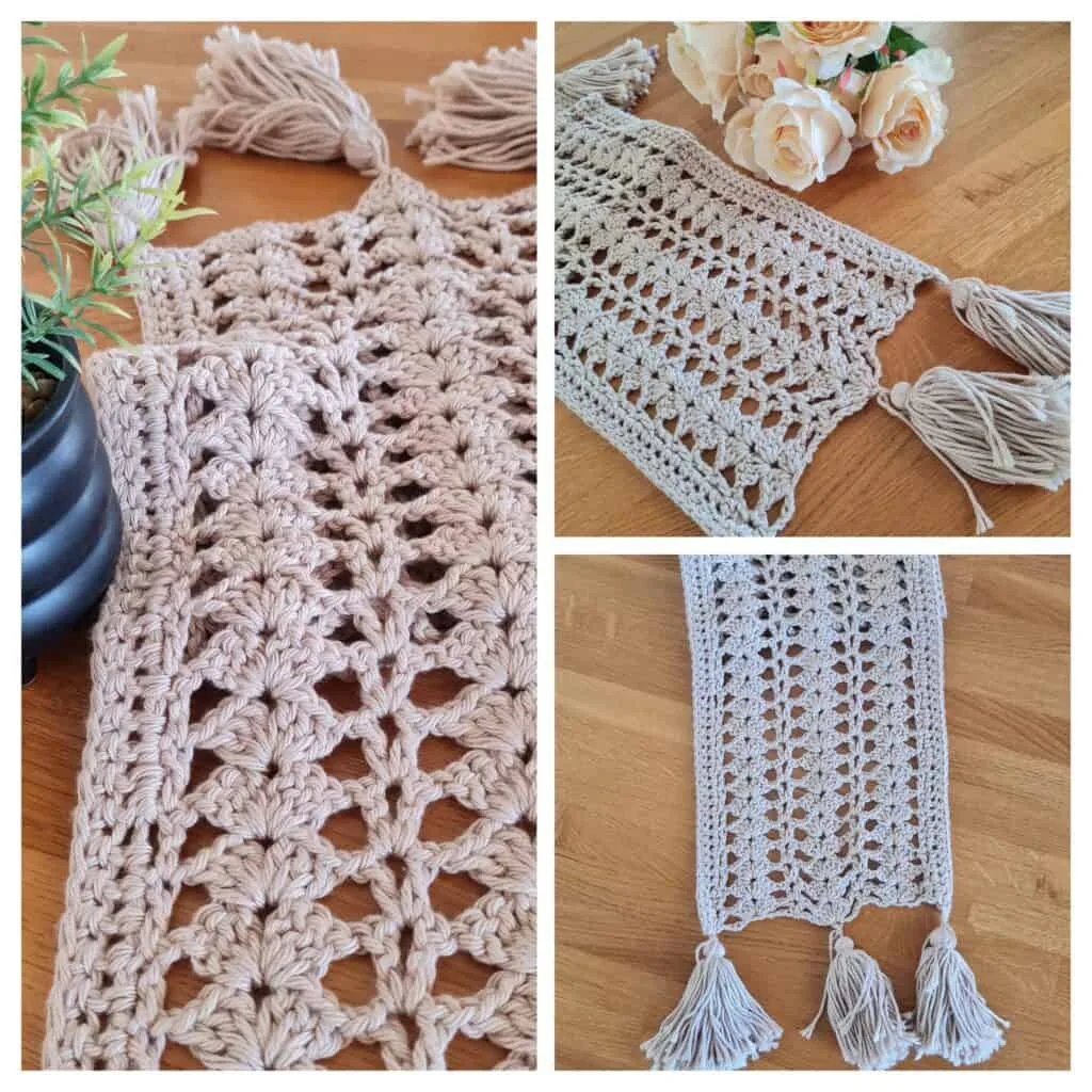 a collage of the boho crochet table runner