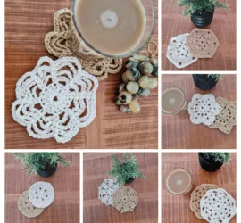 Set of six crochet coasters in mixed colors and designs