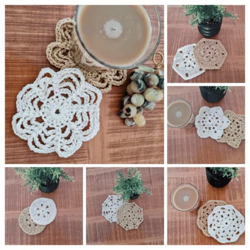 Set of six crochet coasters in mixed colors and designs