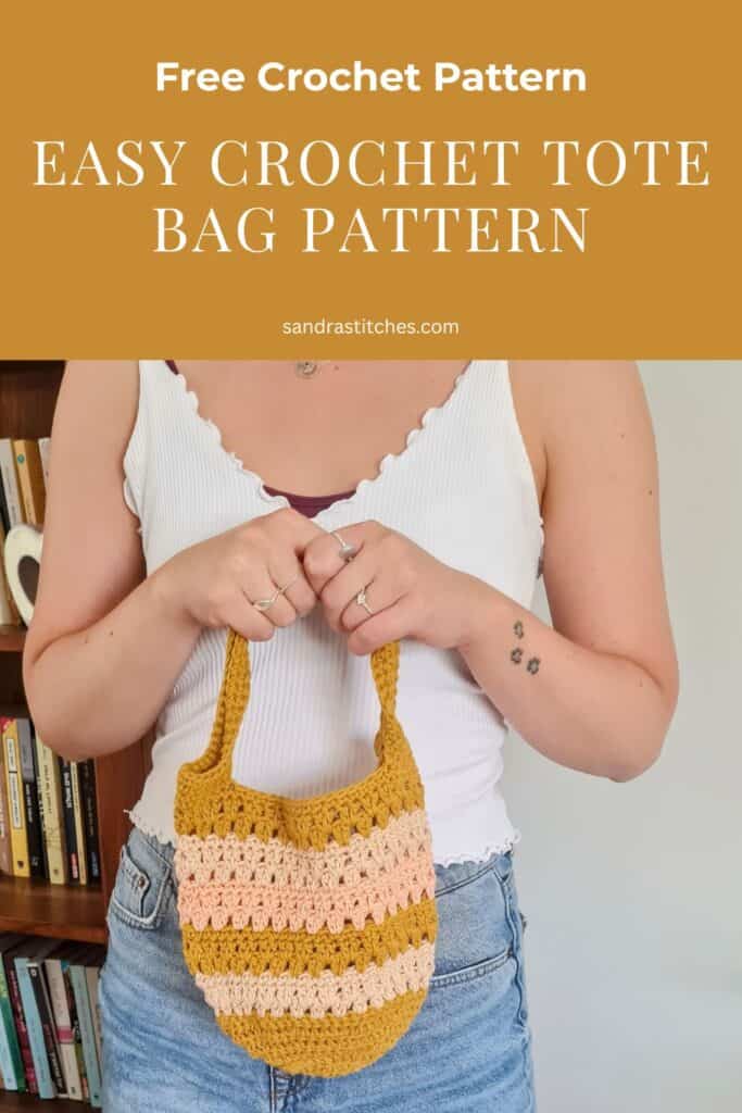 A handmade striped crochet tote bag made with cotton yarn in peach, beige, and mustard, shown as a lightweight summer crochet bag.