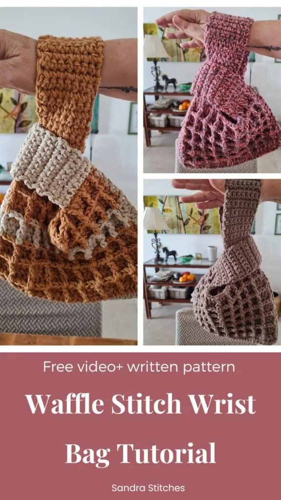 Crochet waffle stitch Japanese knot wrist bag in dusty rose variegated yarn held on wrist showing texture and handle shape