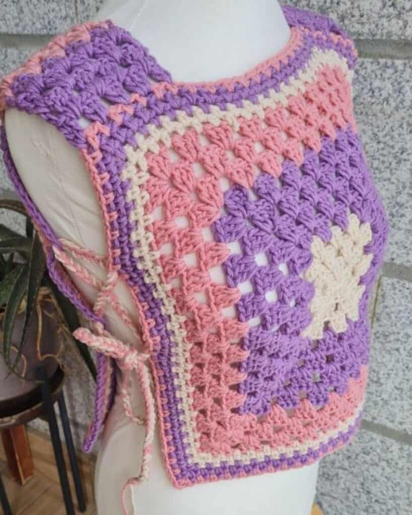 Granny Square Summer Top — Easy granny square crochet summer top in pink and purple with open sides