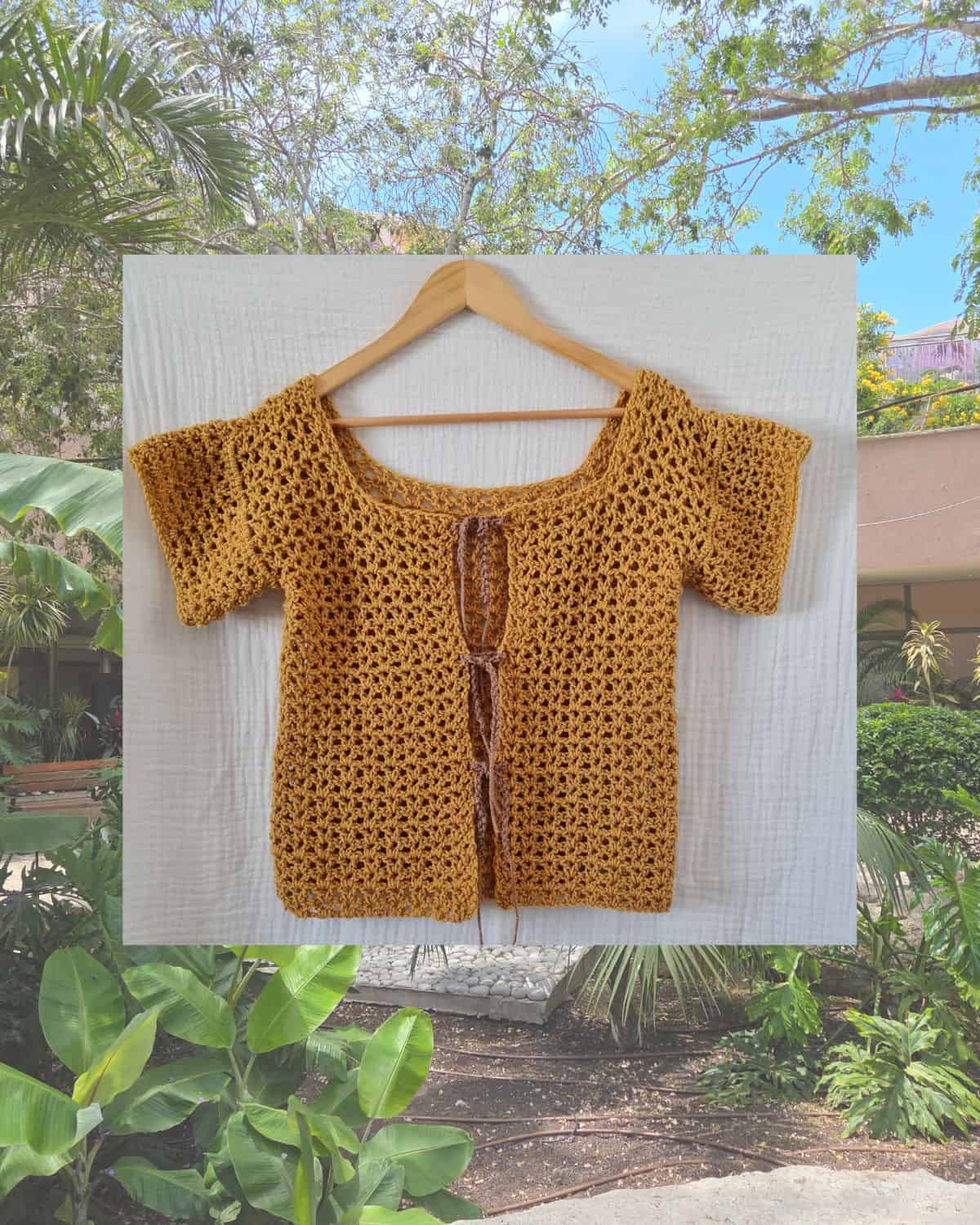 V-Stitch Cropped Cardigan — Cropped crochet V-stitch cardigan in  mustard a light summer layer