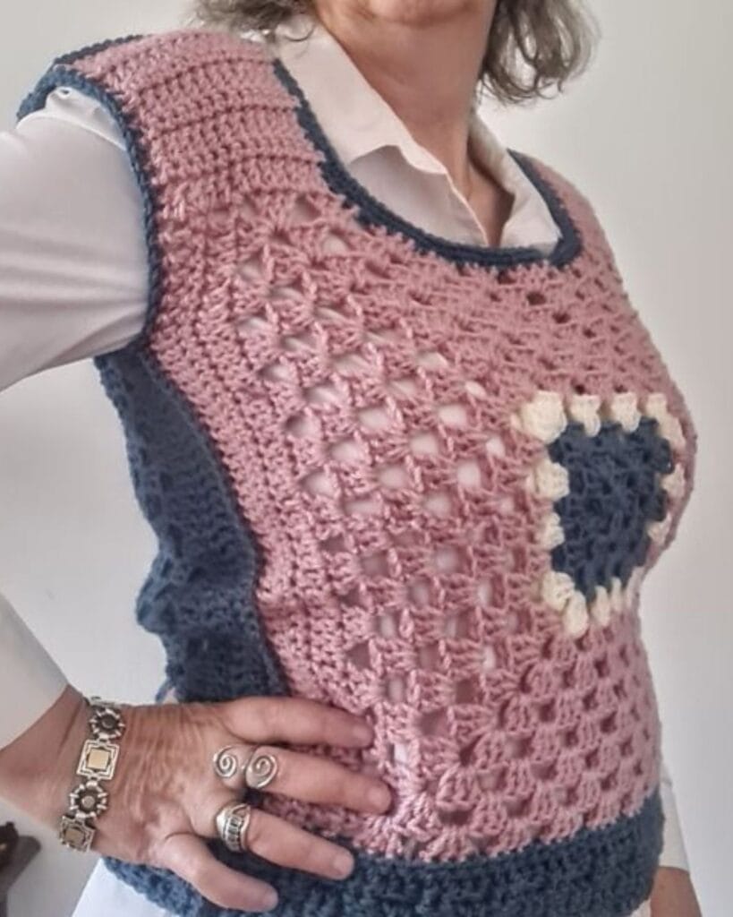 Granny Square Vest — Granny square crochet vest made from two large squares in pink and blue