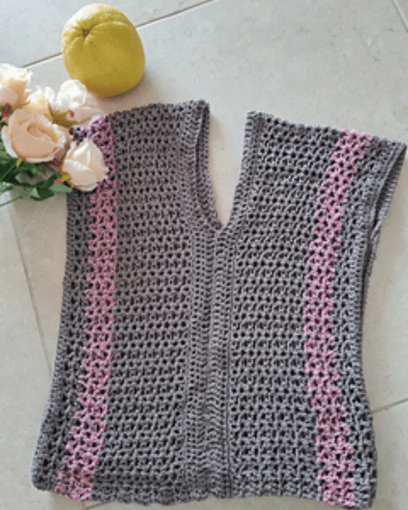 Beginner crochet summer top from two rectangles in grey, shown on