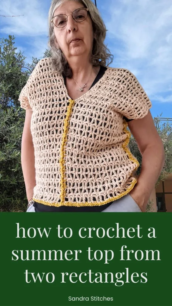 Finished crochet summer top made from two rectangles in peach, worn