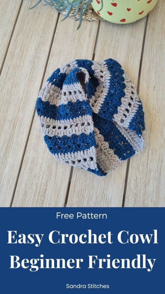 Pinterest pin for the Harbor Cowl, a striped crochet cowl pattern in teal and grey