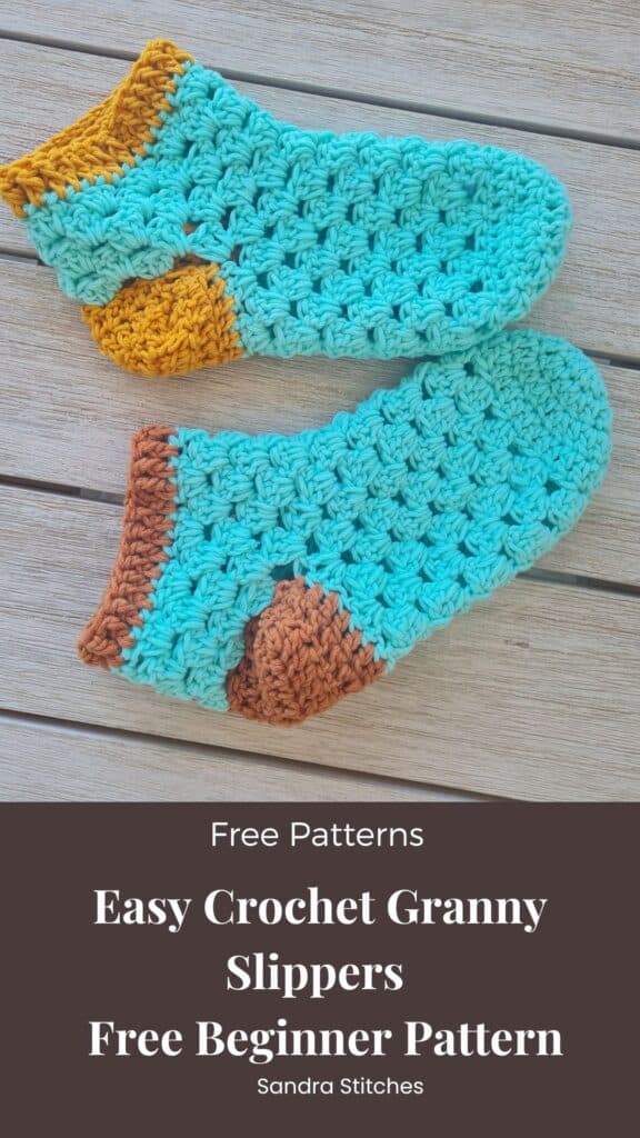 Crochet granny slippers free beginner pattern pin with text overlay reading easy crochet granny slippers