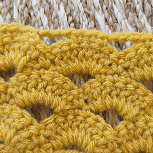 Close up of arcade stitch fan and chain three space