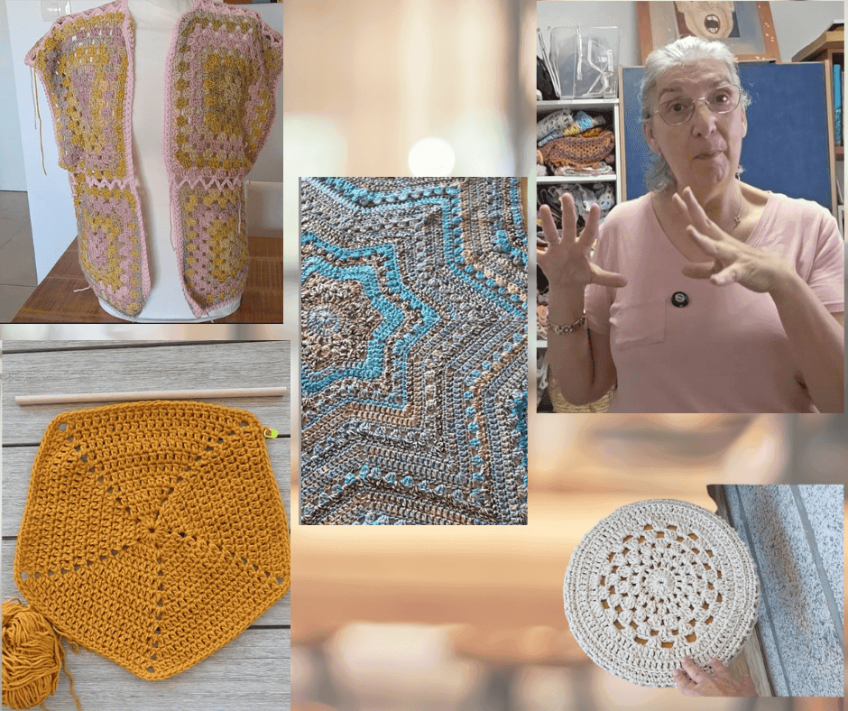 Sandra with practical crochet projects for her home, family and herself